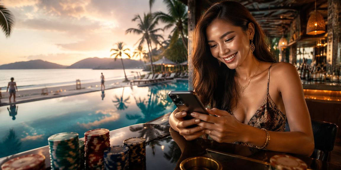 A user in Langkawi accessing a Malay-style mobile casino to play baccarat using 115